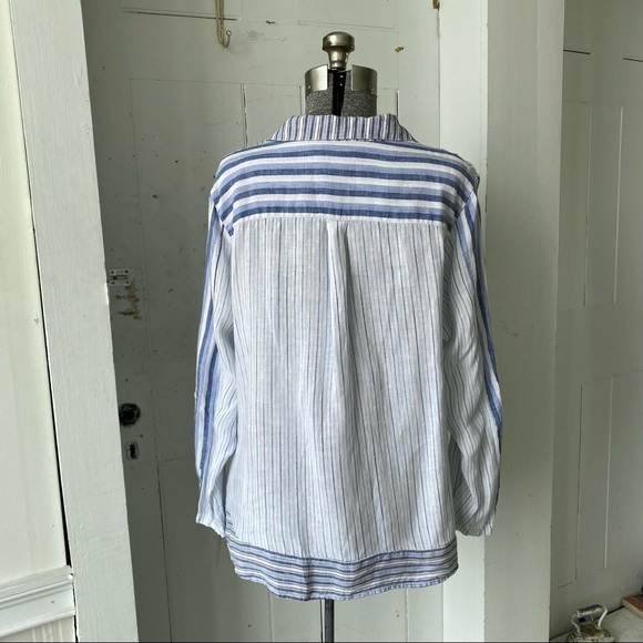 Coldwater Creek Linen Stripe Popover Blouse Roll Tab Sleeves - Picture 4 of 11